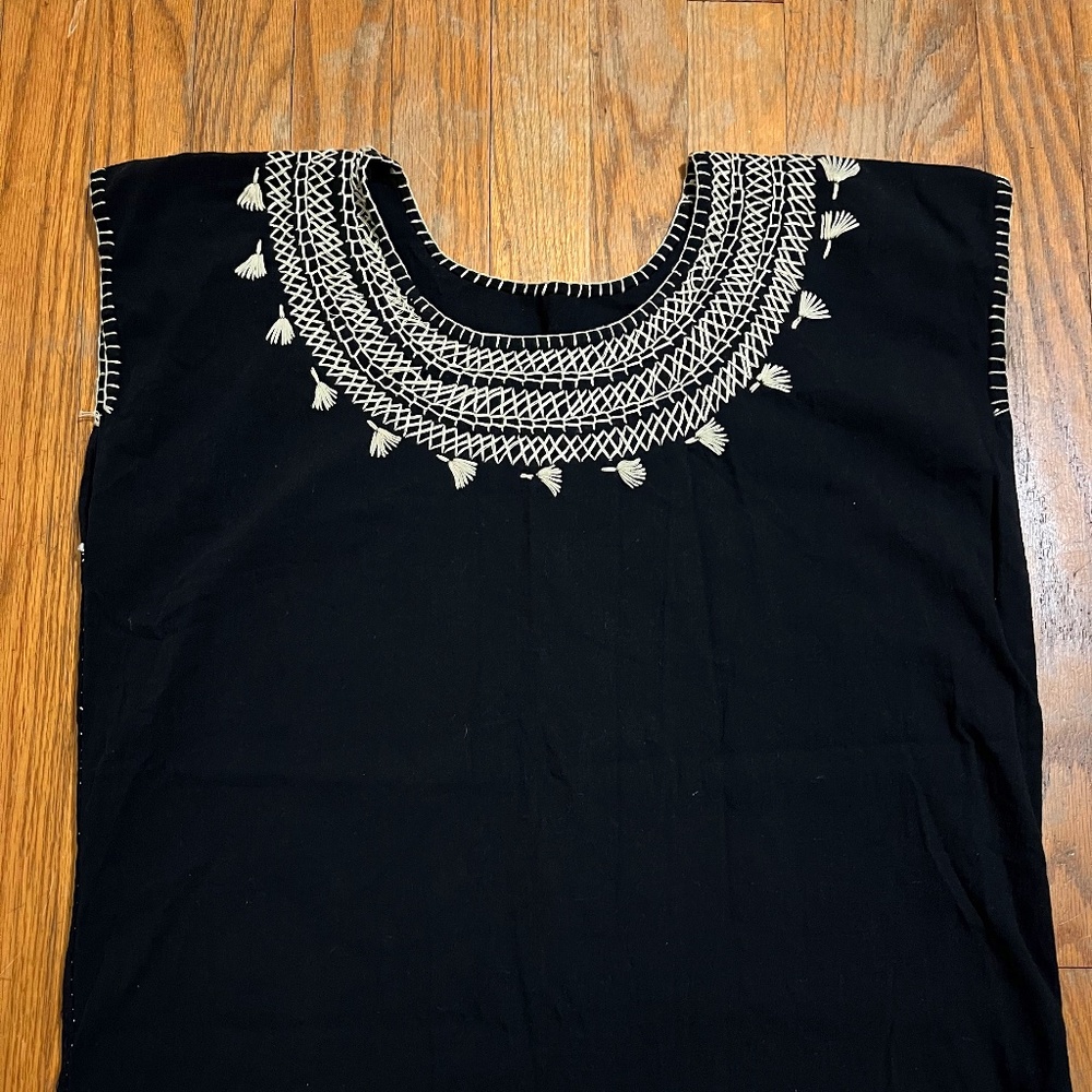 Mexican hand embroidered blouse black lightweight manta 100% cotton fabric